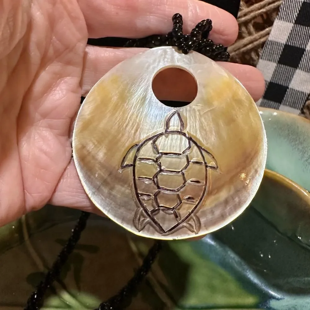 Genuine Mother of Pearl Pendant w/ Etched Sea Turtle